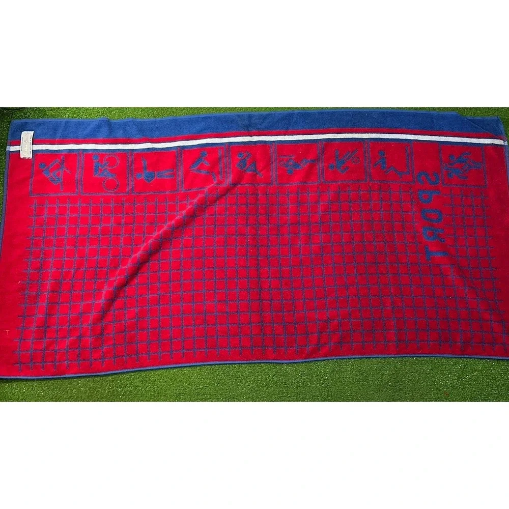 Vintage Beach Towel Red Blue Sports Theme Volleyball Soccer 27 x 56
